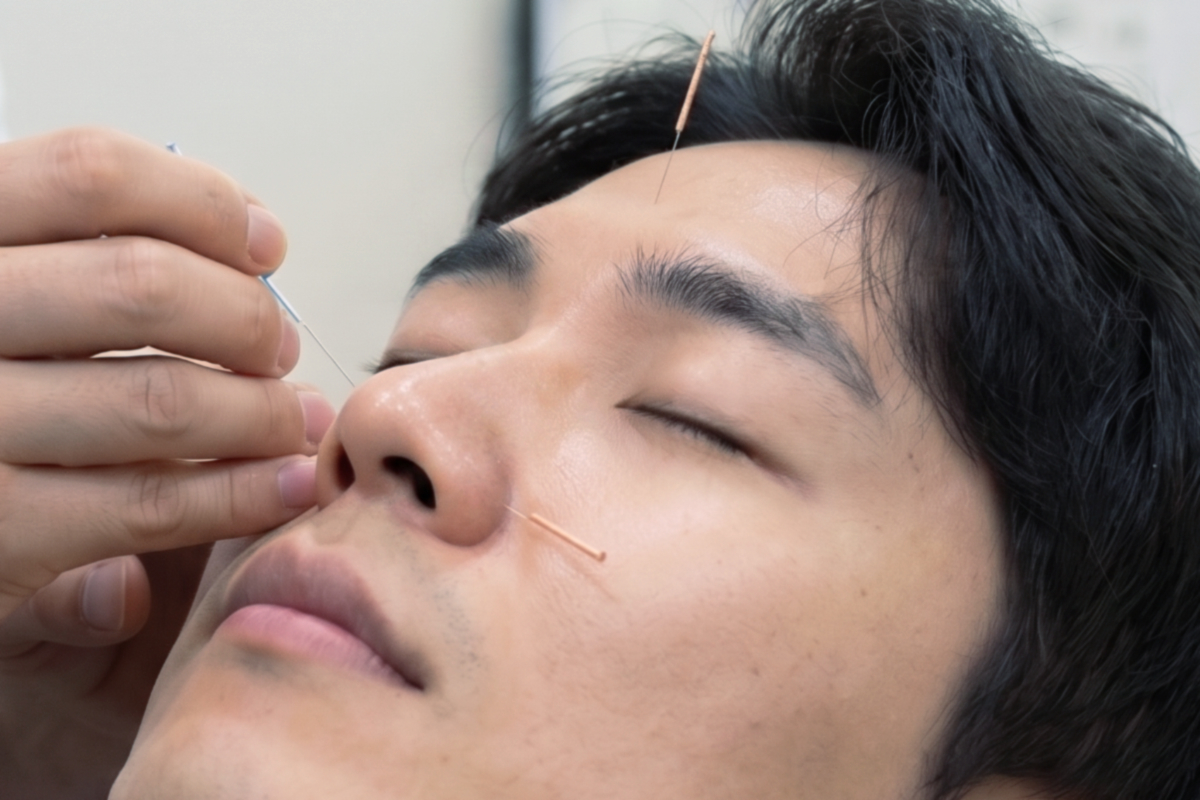 Dramatized illustration of facial acupuncture treatment (not an actual patient at this clinic)